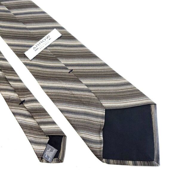 Arrow Beige Gray Brown Print Striped Wide Silk Tie - Picture 5 of 6